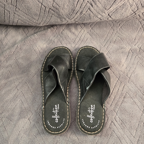 Clarks Sandals Womens Sz 6M Crossover Straps Slides Slip On Shoes  Black. - Picture 5 of 8
